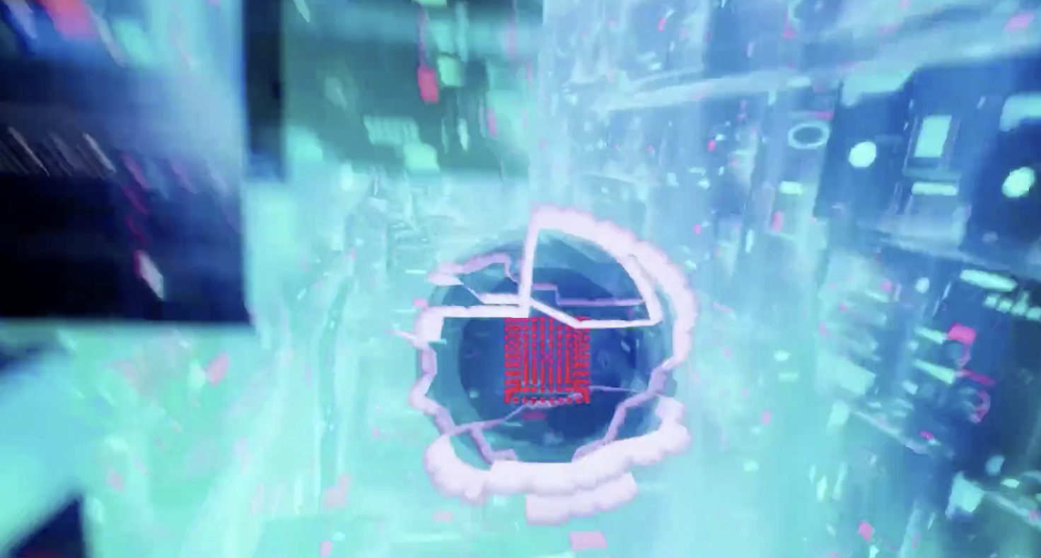 In the picture, you can see a kind of electrified sphere carrying a chip in the middle. It flies through a glistening, blurry computer world of electrical components.